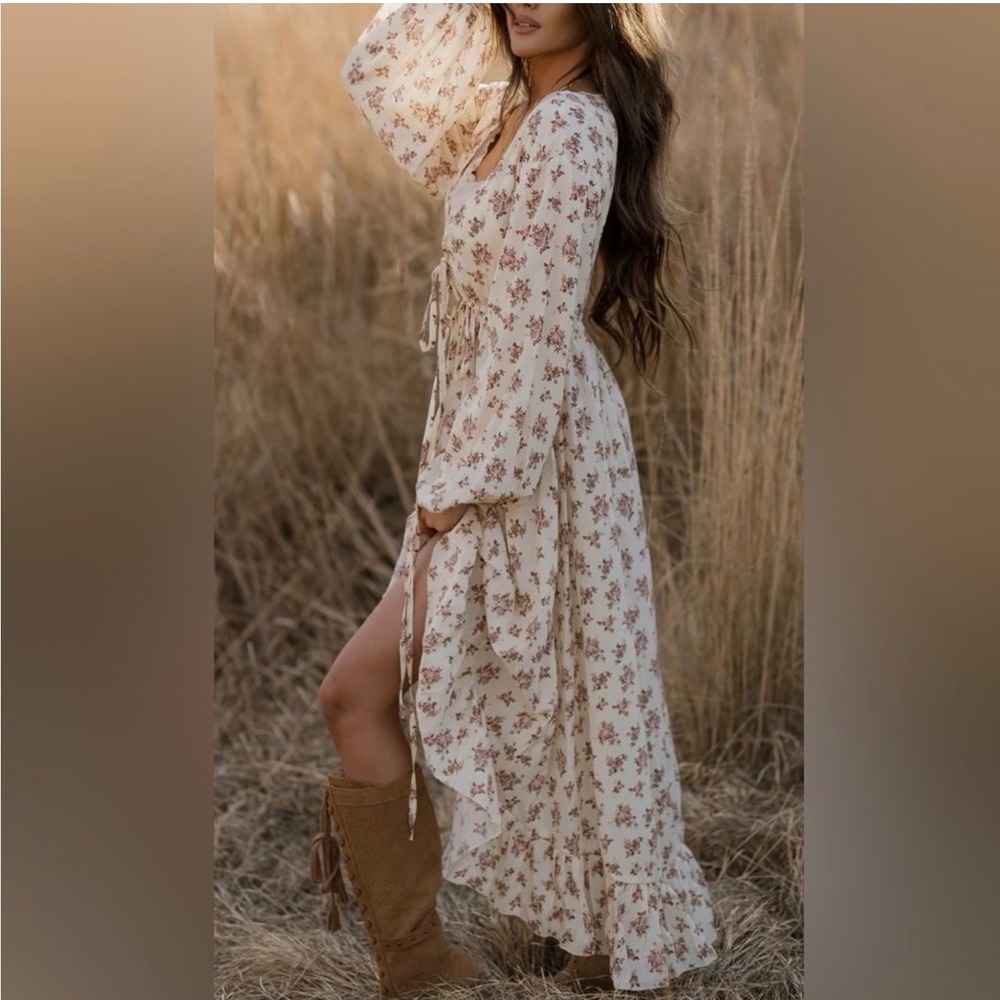 NWT Joyfolie Beri Dress In Ecru Floral Hi-Lo Balloon Sleeve Sz XL Festival Boho